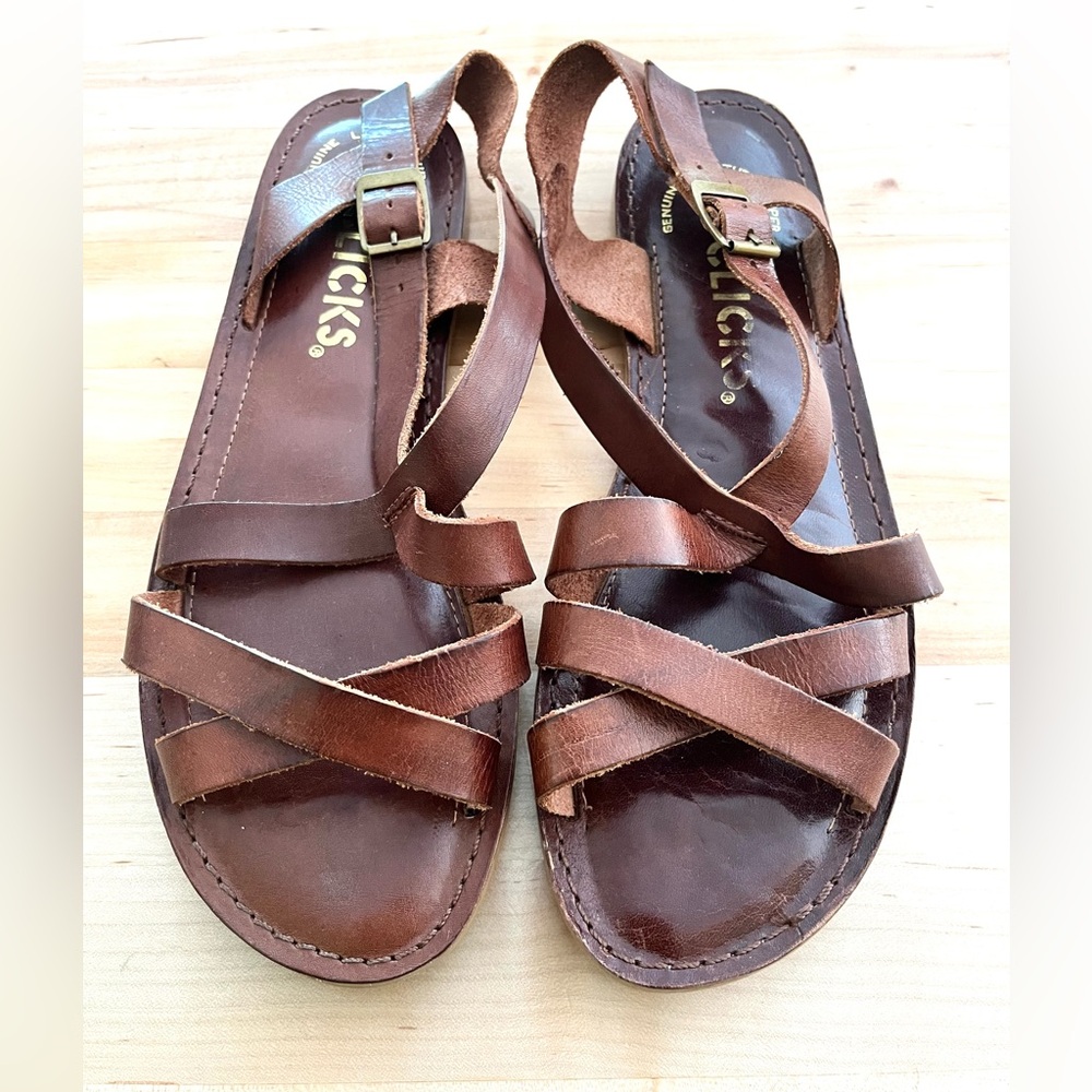 Clicks Brazilian Leather Dark Brown Strappy Sandals, Sz 7.5
